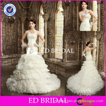 BN82 One Shoulder Lace Appliqued Ruffles Bottom Mermaid Cut Latest Wedding Gown Designs